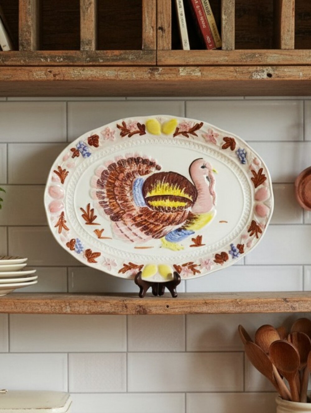 Himark Brazil Vintage Festive Rustic Farmhouse Painted Ceramic Turkey Platter
